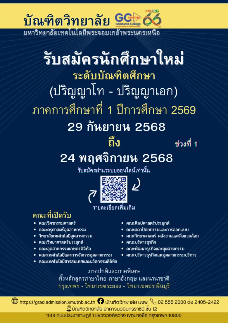 บัณฑิตวิทยาลัย มจพ รับสมัครนักศึกษาใหม่ ระดับบัณฑิตศึกษา ป.โท-เอก ภาคการศึกษาที่ 1/2569