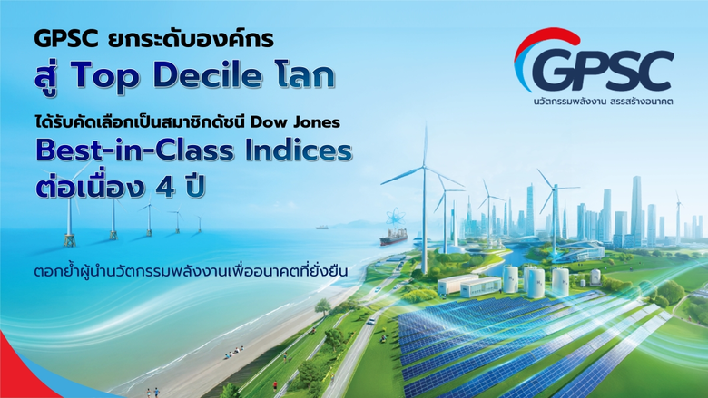 GPSC ยกระดับองค์กรสู่ Top Decile โลก ได้รับคัดเลือกเป็นหนึ่งในบริษัทในดัชนี Dow Jones Best in Class (DJ BIC) Indices ต่อเนื่องเป็นปีที่ 4 ตอกย้ำผู้นำพลังงานแห่งอนาคต